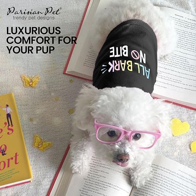 Parisian Pet Dog T-Shirt - Embroidered ' All Bark No Bite ' 100% Cotton, Dog Clothes - Sleeveless Pet Vest - Machine Washable Dog Shirts for Small Dogs XXS