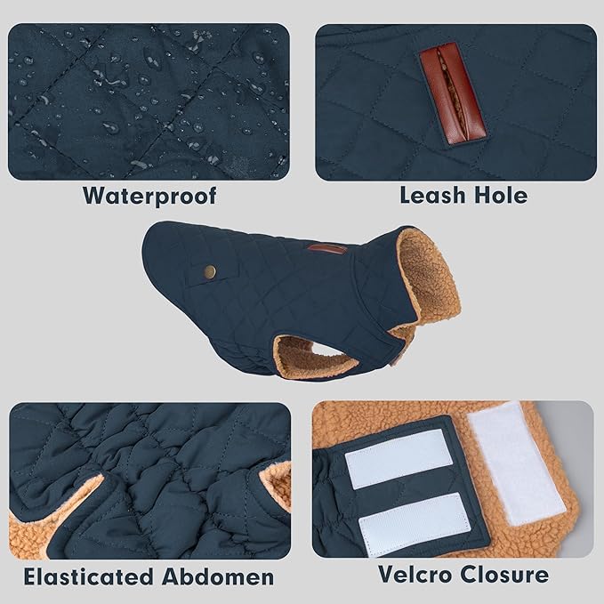 azuza Dog Jacket for Medium Dogs Waterproof & Windproof Dog Coat for Small Dogs with Thick Fleece, High Collar with Leash Hole, Adjustable Velcro & Elastic Belly, Navy 2XL