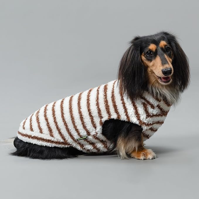 Fitwarm 2 Pack Striped Fleece Dog Sweater, Warm Winter Clothes for Small Dogs Boy Girl, Fuzzy Pet Outfit, White, Brown, XXL