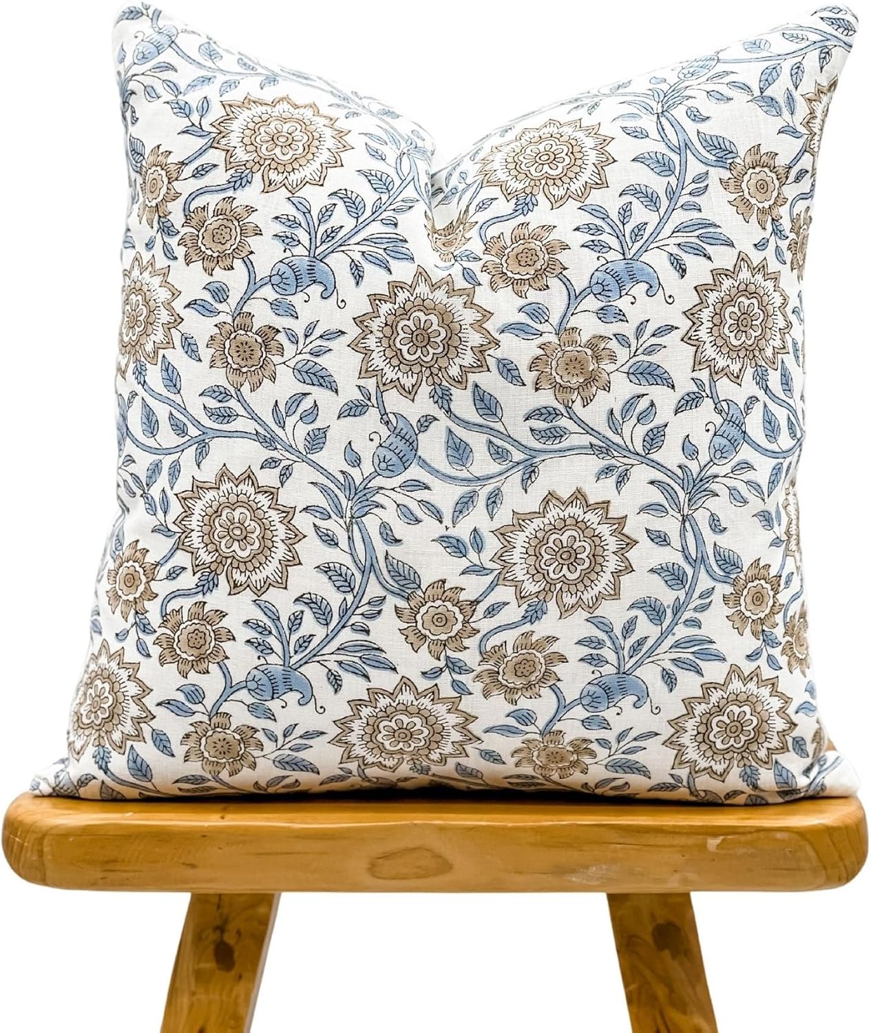 Designer Floral Print on Off White Linen Pillow Cover, Blue and Beige Pillow, Boho Décor Pillow, Decorative Throw Pillow Covers, Neutral Decor (Light Blue, 14x36)