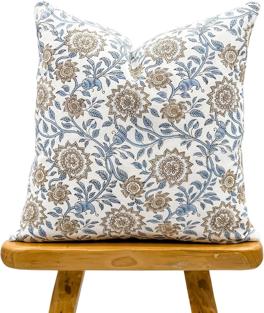 Designer Floral Print on Off White Linen Pillow Cover, Blue and Beige Pillow, Boho Décor Pillow, Decorative Throw Pillow Covers, Neutral Decor (Light Blue, 12x16)
