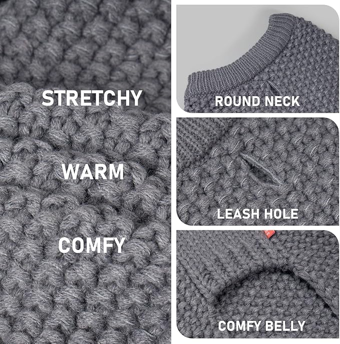 KYEESE Dog Sweater with Leash Hole Warm Pullover with Reflective Yarn for Small and Medium Dogs Male Soft Knit Pullover Boy Dog Coats Cozy Lightweight Thick Sweater,Grey,Large