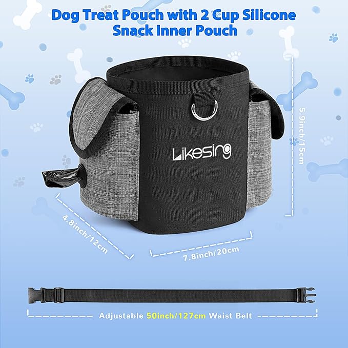 Dog Training Pouch with 2 Cup Silicone Bag, Dog Treat Pouches for Pet Training with Clicker, Adjustable Belt, Poop Bags roll, 2 Ways Wear, for Outdoor Walks, Training, and Travel