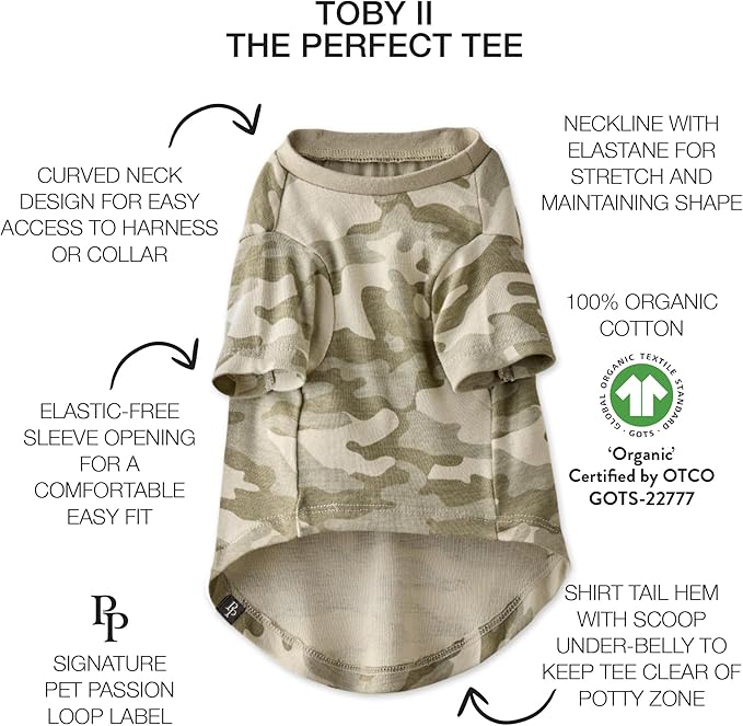 Toby II - The Perfect Tee, 3 Pack Short Sleeve Pet T-Shirt 100% Organic Cotton Tees Clothes for Small, Medium, Large Dogs, Sage Camo, Medium