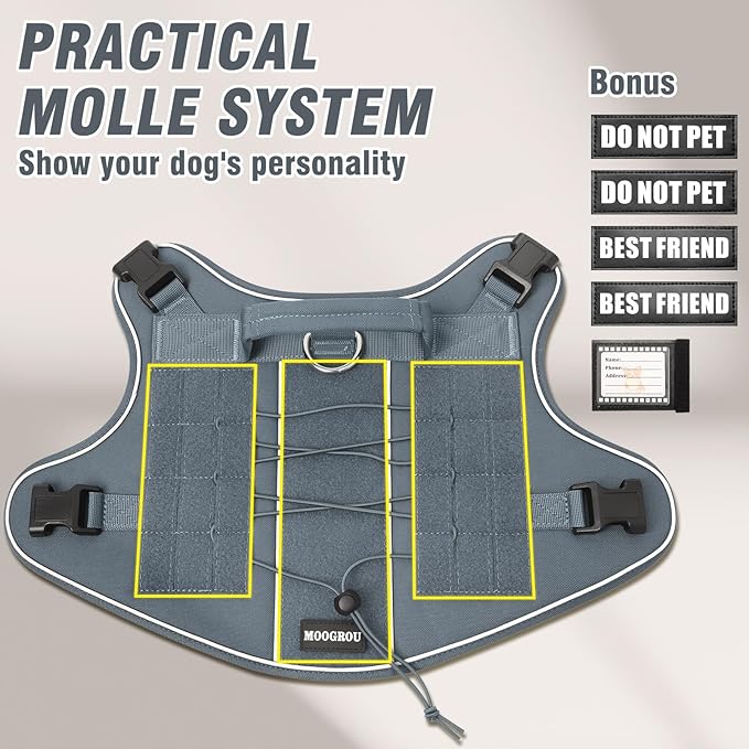 Tactical Dog Harness Medium Sized Dog,No Pull Military Dog Vest with Handle,Reflective Heavy Duty Pet Harness for Walking Hiking Training Gray M