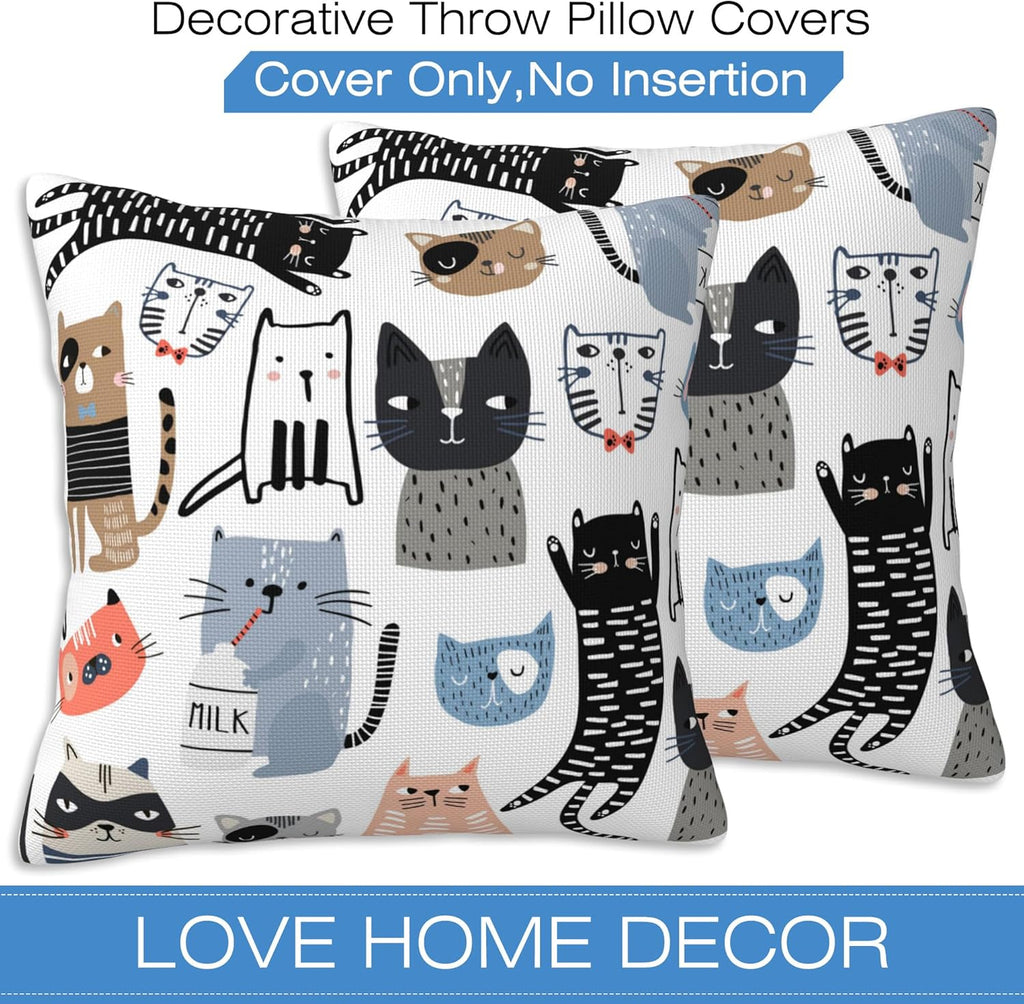 Throw Pillow Cover Case Funny Cats Pillow Covers 18x18 Inch Set of 2,Soft Decorative Throw Pillow Case for Living Room Bedroom Sofa Couch Cushion Covers