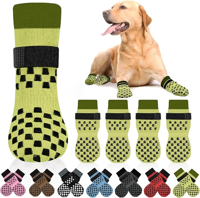 Non Slip Dog Socks to Prevent Licking Paws Grippy Socks for Senior Dog on Hardwood Floors Anti Slip Dog Socks for Christmas Holiday Double Side Paw Protector Prevent Scratching Green XS