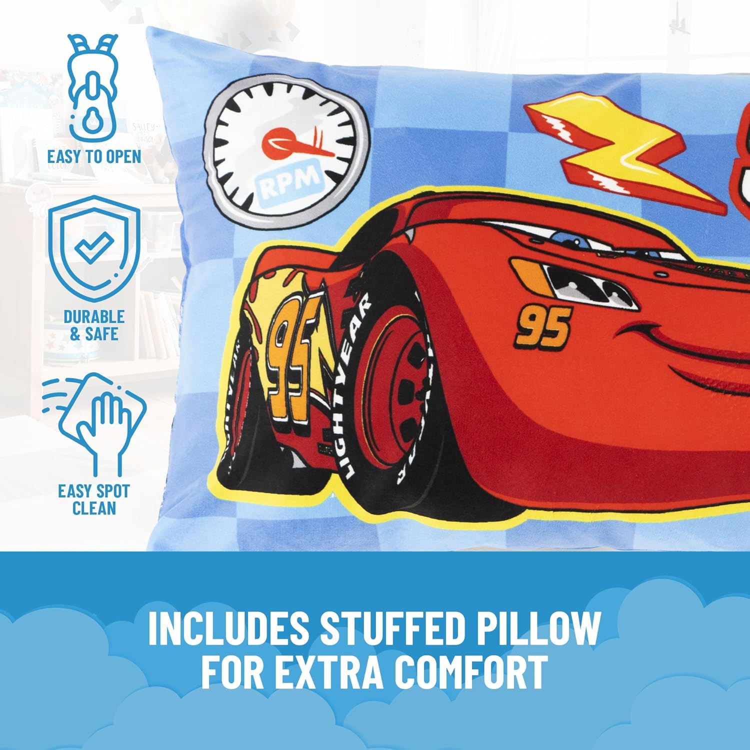 Jay Franco Kids Slumber Bag and Pillow - 54 x 27 Inch Comfy Indoor Sleeping Bag for School and Sleepovers, 2 Piece Set, Blue - Cars