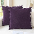 CaliTime Throw Pillow Covers Decorative 18 X 18 Inches Pack of 2 Cozy Solid Dyed Soft Chenille Cushion Cases with Pom Poms for Couch Sofa Bed Living Room Home Plum Purple
