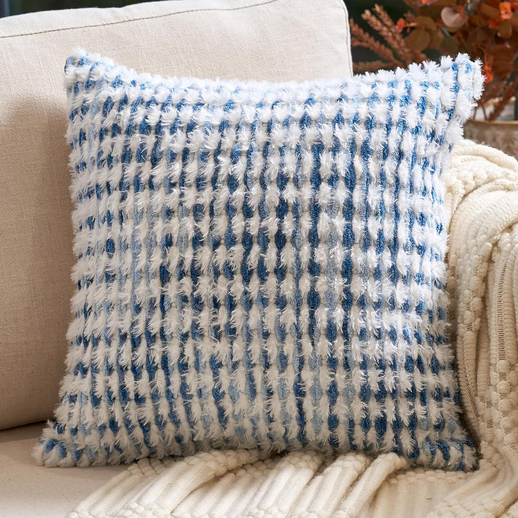 Aeckself Boho Chenille Tufted Pillow Cover 20x20 Inch, Decorative Square Throw Pillow Cover Neutral Pillowcase for Couch Bedroom Living Room, Blue White