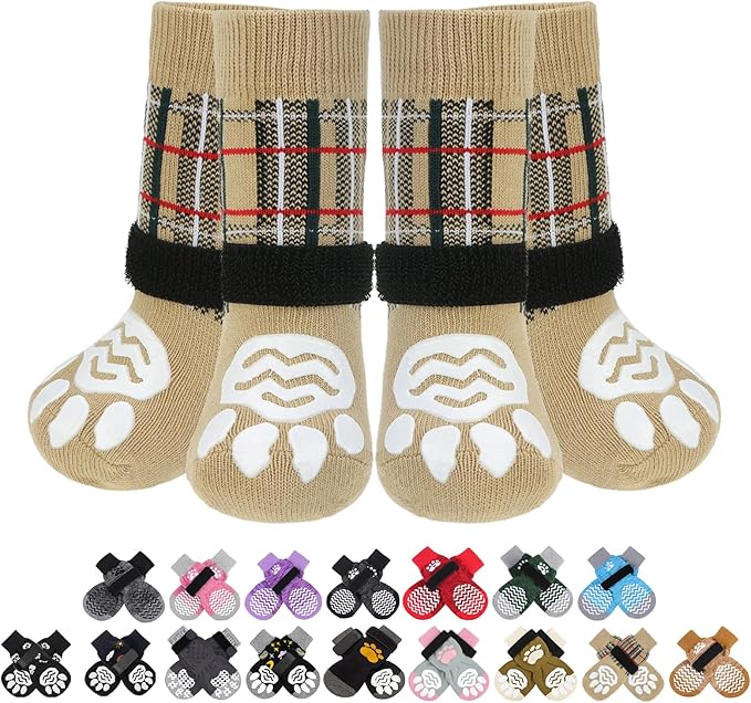 PUPTECK Anti Slip Dog Socks 2 Pairs with Double Grippers for Hardwood Floors, Shoes for Hot/Cold Pavement, Boots & Paws Protectors to Prevent Licking, Traction Booties for Senior Small Large Dogs