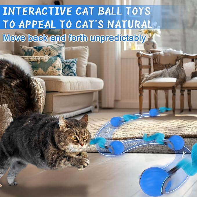 BABORUI 2Pack Blue Interactive Cat Toy Ball - Automatic Interactive Cat Toys for Indoor Cats with 3 Tails, 2 Speeds Rechargeable Enrichment for Small/Medium/Large to Keep Them Busy