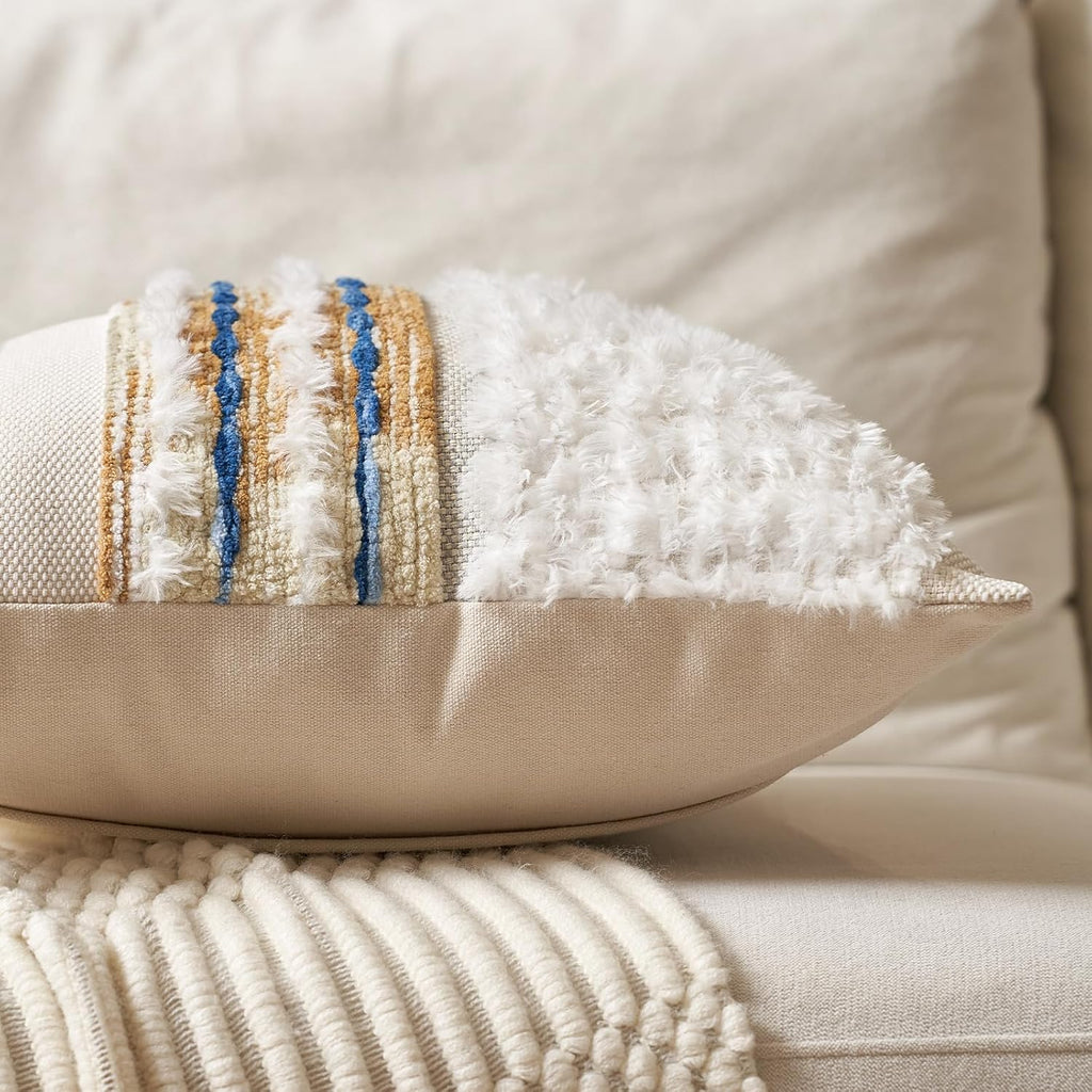 Aeckself Boho Chenille Tufted Throw Pillow Covers 18x18 Inch Set of 2, Farmhouse Decorative Striped Square Pillow Covers Accent Neutral Pillowcase for Living Room Couch Bed, Caramel Brown