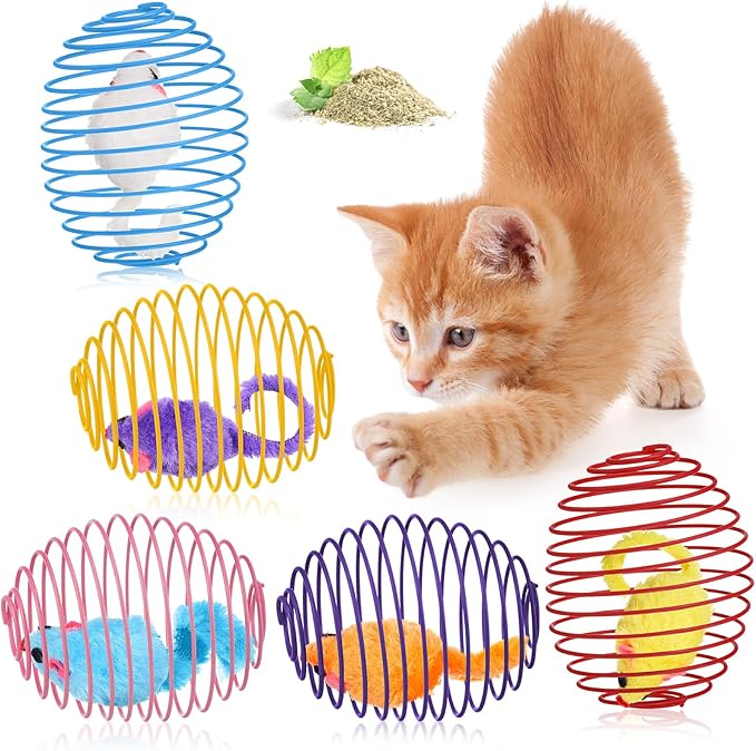 Jecery 5 Pcs Cat Spring Balls Stretchable Springs Toys Rolling Balls Colorful Playful Coils Interactive Spring Action Toy Caged Rats for Kitten Cat Pet Supplies Indoor (Catnip Rats,Multicolor)