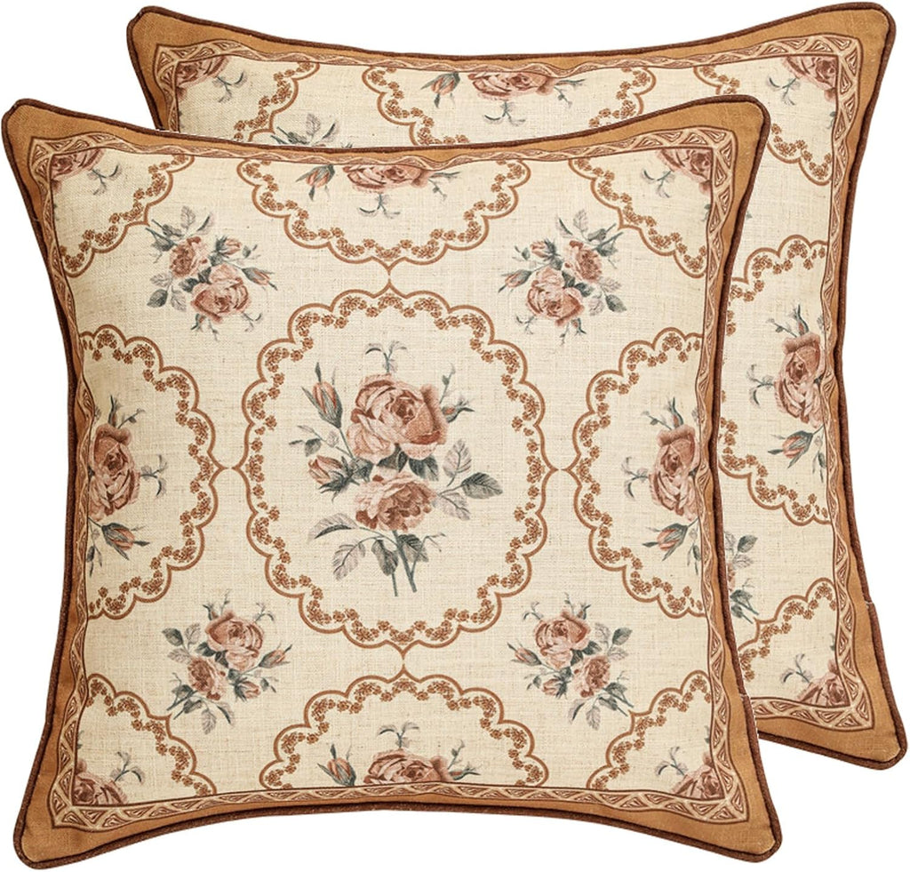 patdrea Designer Vintage Floral Throw Pillow Covers for Couch Set of 2,Brown Linen Pillowcases with Bird and Rose Pattern Decorative Square Cushion for Bed Living Room Outdoor Cafe Car,18"x18"