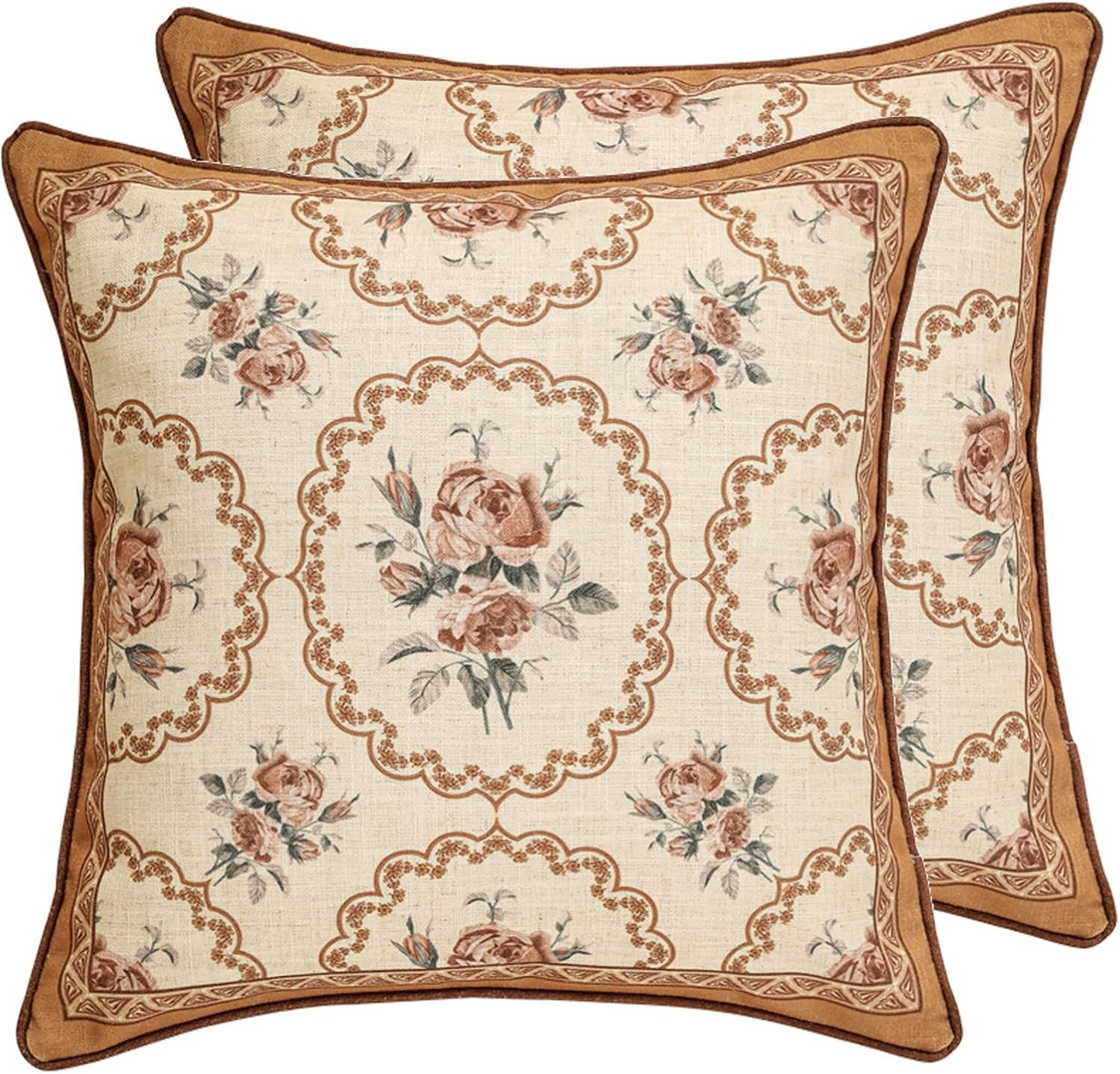 patdrea Designer Vintage Floral Throw Pillow Covers for Couch Set of 2,Brown Linen Pillowcases with Bird and Rose Pattern Decorative Square Cushion for Bed Living Room Outdoor Cafe Car,18"x18"