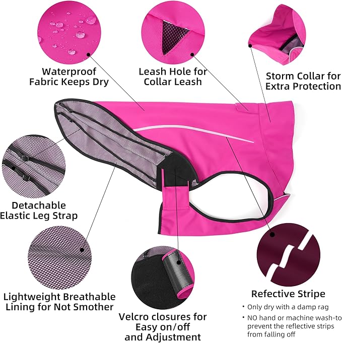 Mile High Life Dog Raincoat, Adjustable Waterproof Reflective Rain Jacket for Small Medium Large Dogs, Lightweight Breathable Pet Rain Coat with Leash Hole(Hot Pink,XXL Chest 36-42")