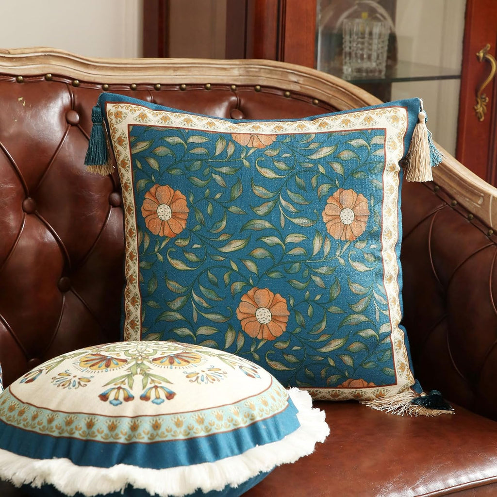 patdrea Designer Square Throw Pillow Covers,French Floral Blue Farmhouse Linen Vine Branch Pattern Pillow Cover,Decorative Pillowcases Cushion for Bed Living Room Outdoor Car,18"x18"