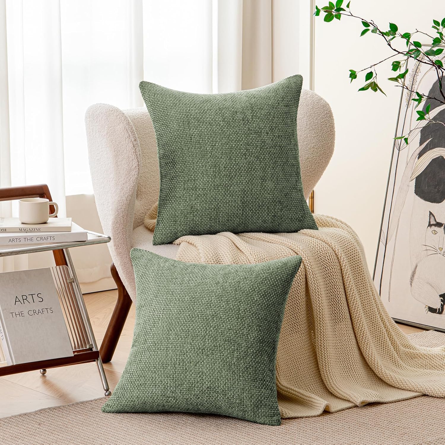 a moment Moss Green Chenille Throw Pillow Covers 16x16 Inch Pack of 2 Modern Decorative Throw Pillow Covers Farmhouse Cross Covers Home Decor for Sofa Bedroom Living Room
