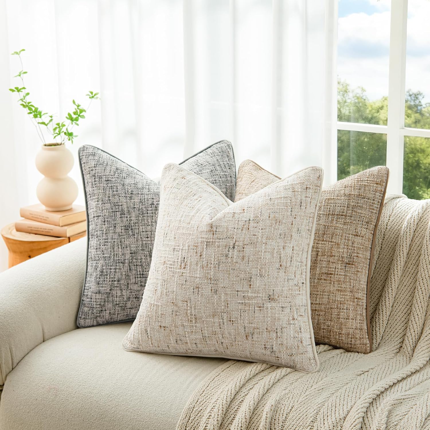 a moment Christmas Beige Reversible Pillow Covers 2 Pack - Farmhouse Chenille Throw Pillows, Neutral Textured Decorative Throw Pillow Covers with Border for Couch Sofa Bed (12x20 Inch, No Insert)