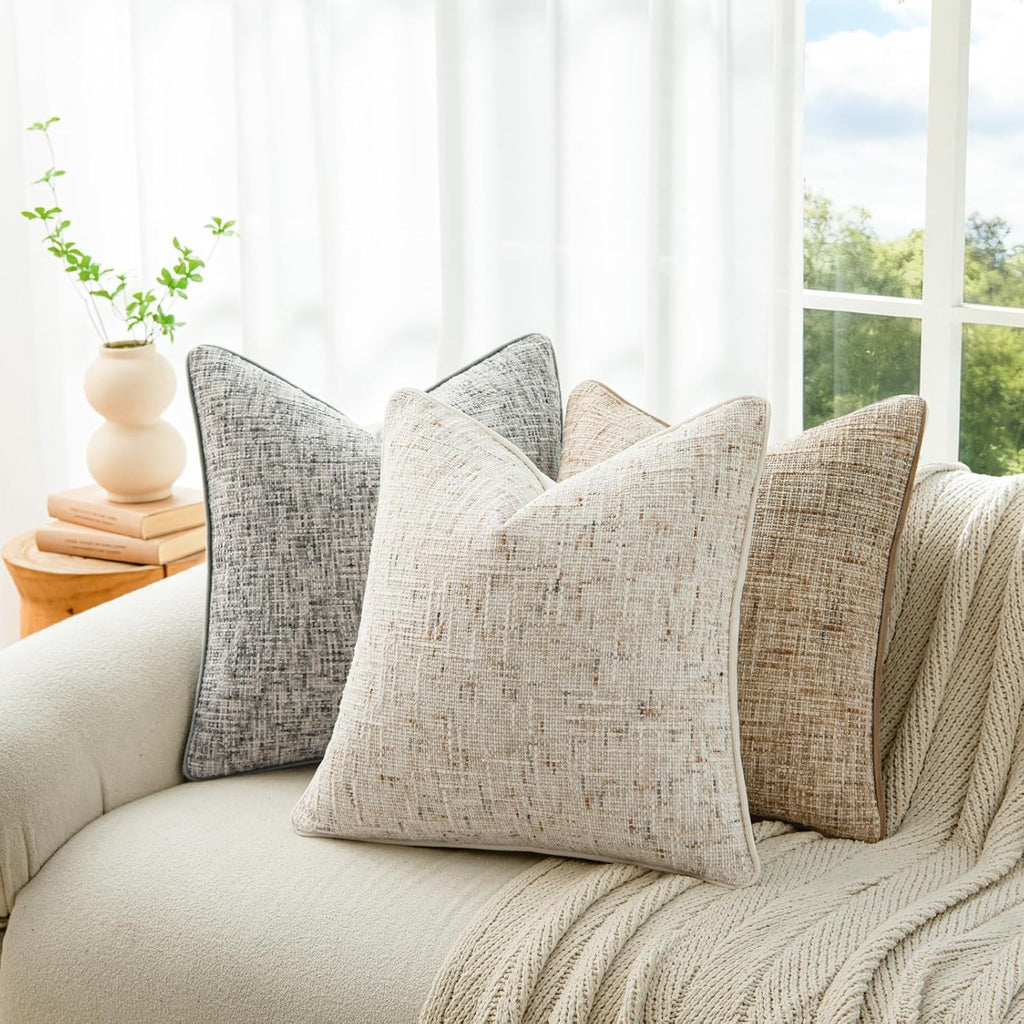 a moment Christmas Beige Reversible Pillow Covers 2 Pack - Farmhouse Chenille Throw Pillows, Neutral Textured Decorative Throw Pillow Covers with Border for Couch Sofa Bed (20x20 Inch, No Insert)