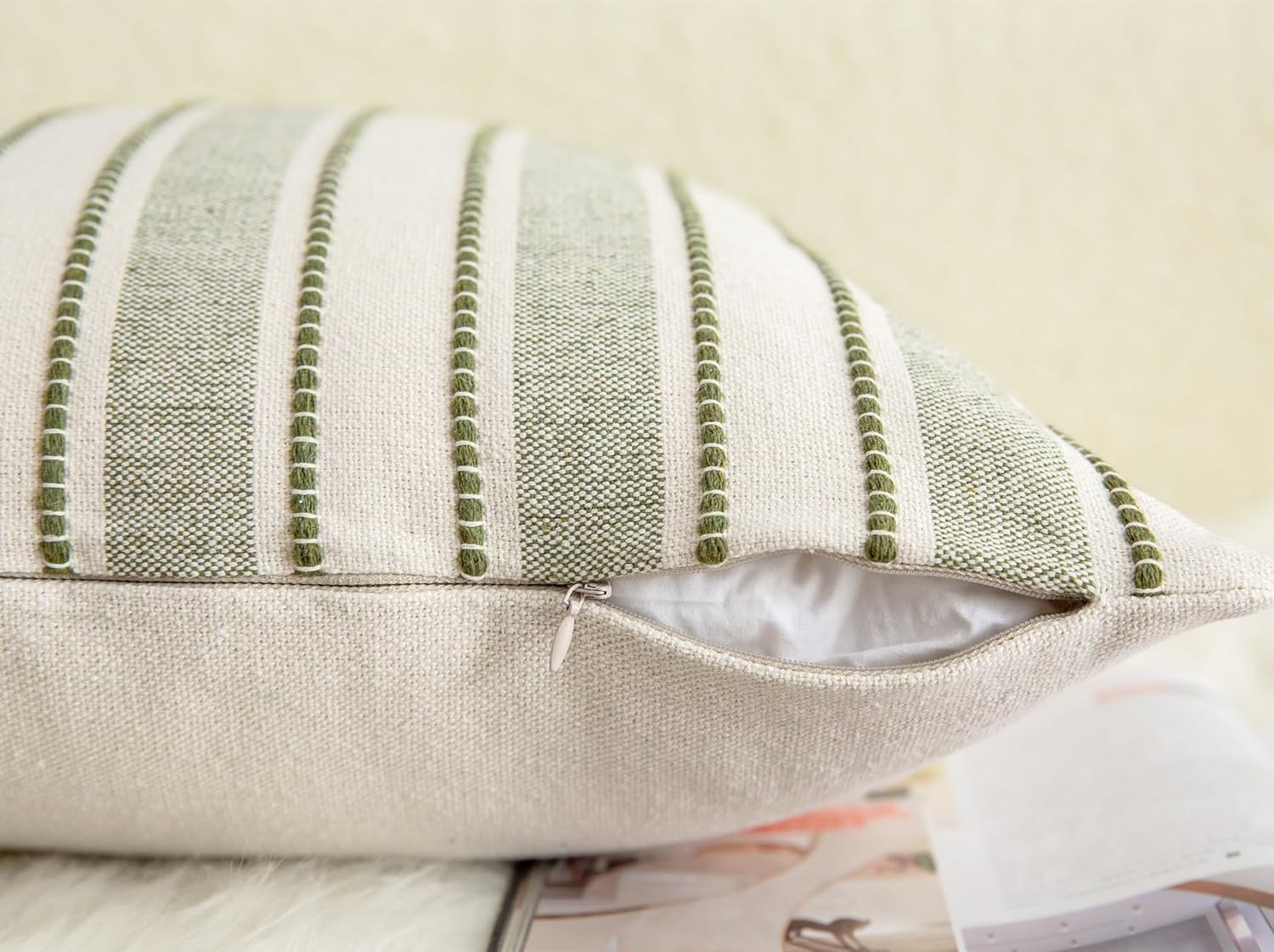 Decorative Boho Throw Pillow Covers, Farmhouse Textured Pillow Case, 22 x 22 Inch Set of 2, Chair Sofa Bedroom Living Room Home Decor Couch Cushion Case, Olive Green and Beige Striped