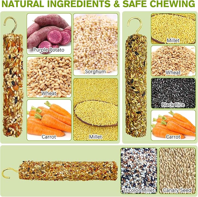 Fhiny Parakeet Treats, 6 PCS Natural Bird Crunch Sticks Grains & Vegetable Budgie Snacks Cockatiel Food Sticks Long-Lasting Chewing Toys for Parakeet Cockatiel Budgie Conure Parrot Lovebird Finch