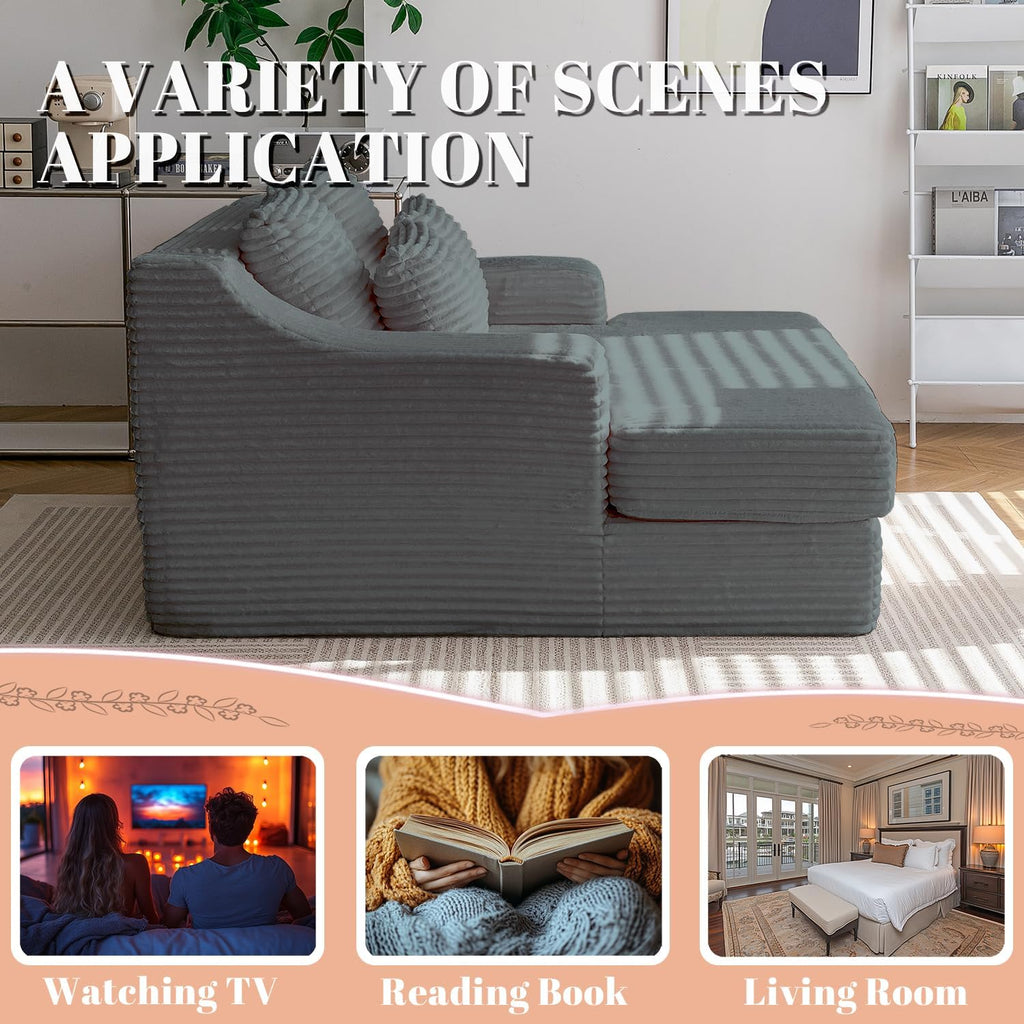 55 Inch Chaise Lounge Indoor - Oversized Chaise Lounge with 4 Throw Pillows and Armrets, Upholstered Plush Sofa Bed, Corduroy Lazy Chair Bed, Sleeper Chair for Living Room or Bedroom, Gray