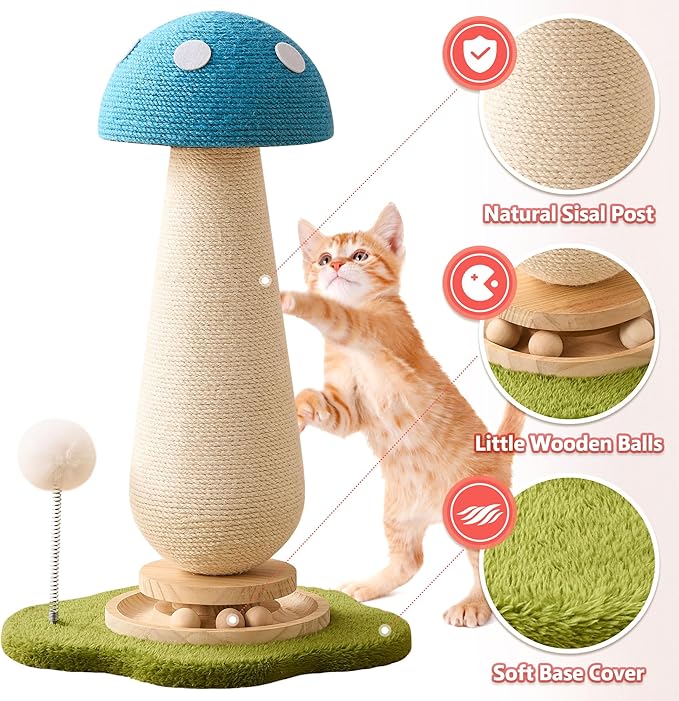 21.5‘’ H Cat Scratching Post with Catnip,Cute Mushroom Cat Scratcher Post with Durable Natural Solid Wood Turntable Toy, Sky Blue Mushroom Shape Design Cat Toy Cat Sisal Scratcher for Indoor Cats
