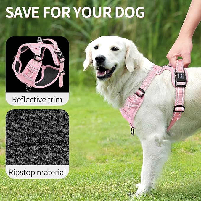 HEELE Dog Harness, No Pull Adjustable Padded Reflective Harness for Small Medium Large Dogs with Handle for Walking Training, Pink, L