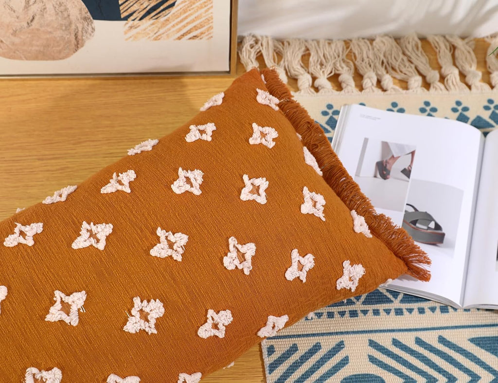 Boho Long Lumbar Pillow Cover 16x24 with Tassel,3D Flower Patterned Cotton Decorative Long Lumbar Pillow Cover Pillow Case for Sofa Couch Bed Livingroom Farmhouse,Rust Red