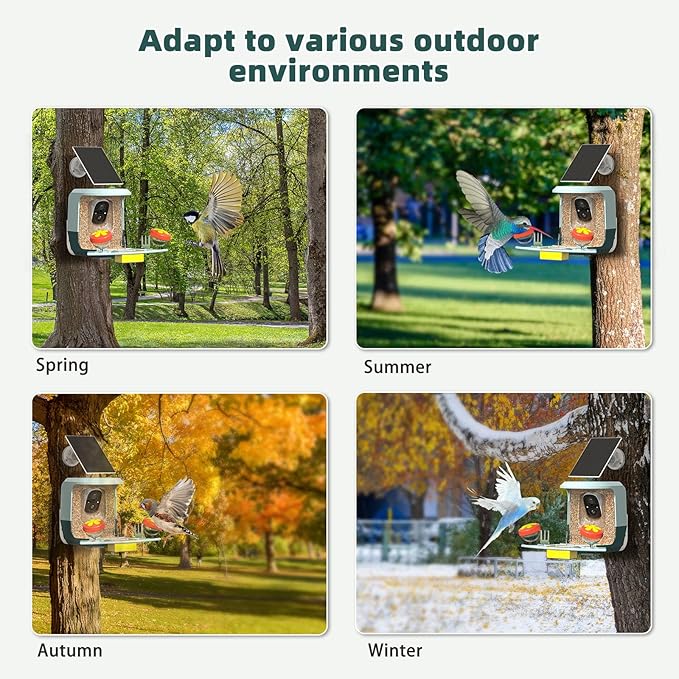 Smart Bird Feeder with Camera Solar Powered - 2K HD Live Video Camera AI Identify Birds, Visible Window Auto Capture& Motion Detection -Instant Arrival Alerts, Birds Lover Gifts