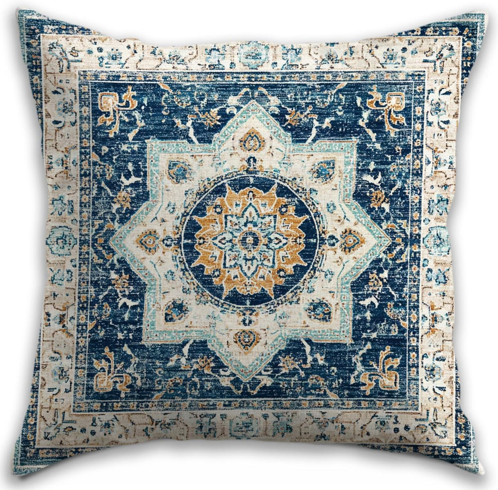 Bohemian Pillow Covers | Vintage Floral & Carpet Design | Double Sided Blue White Decorative Pillowcases for Couch, Bed | Indoor Outdoor Boho Home Decor (White&Blue, 18x18inches)