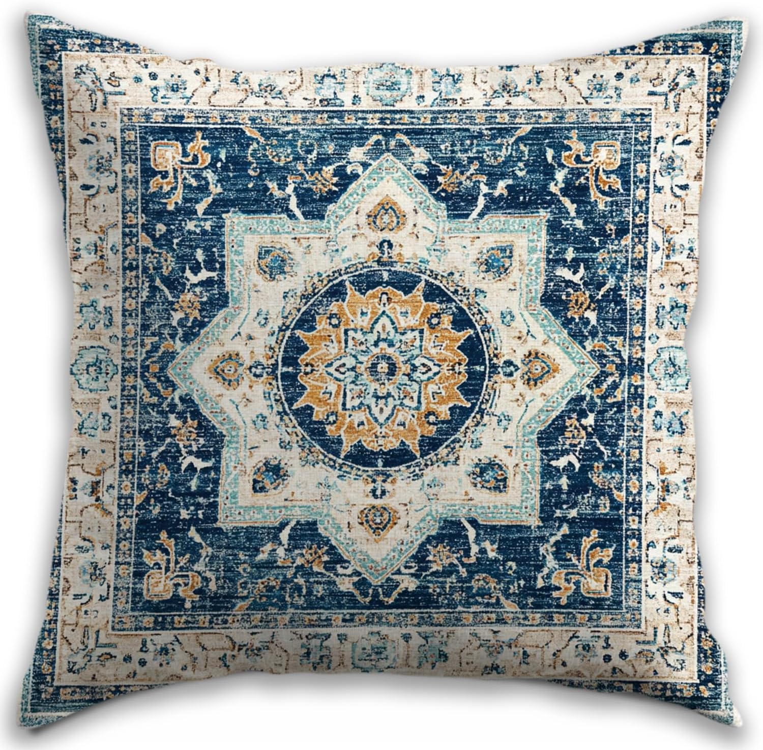 Bohemian Pillow Covers | Vintage Floral & Carpet Design | Double Sided Blue White Decorative Pillowcases for Couch, Bed | Indoor Outdoor Boho Home Decor (White&Blue, 18x18inches)