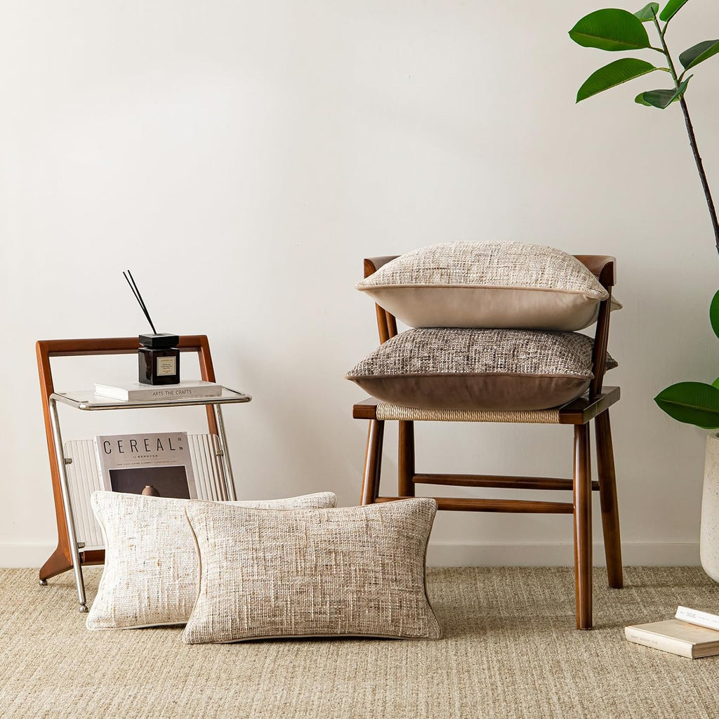 a moment Khaki Reversible Pillow Covers 2 Pack - Farmhouse Chenille Throw Pillows, Neutral Textured Decorative Throw Pillow Covers with Border for Couch Sofa Bed (18x18 Inch, No Insert)