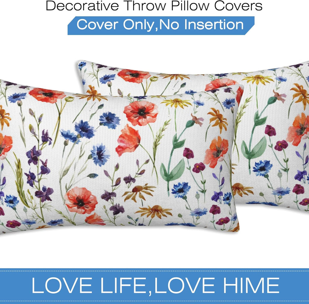 Wildflowers Throw Pillow Covers Set of 2 Watercolor Poppy Pillow Covers 20x12 Inch Modern Farmhouse Home Decorative Pillow Cases Cushion Cover for Sofa Living Room Office