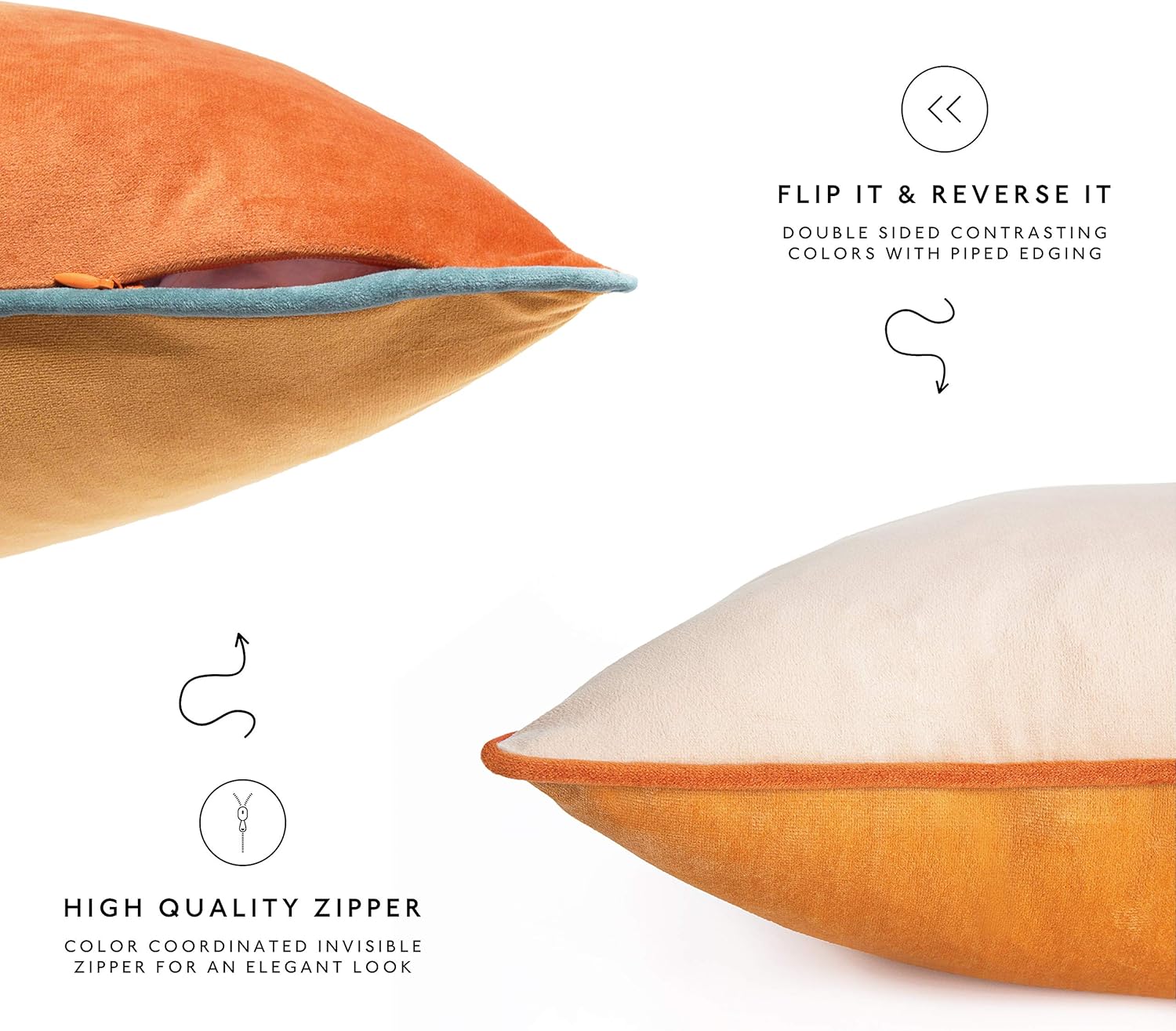 MONDAY MOOSE Decorative Throw Pillow Covers Cushion Cases, Set of 4 Soft Velvet Modern Double-Sided Designs, Mix and Match for Home Decor, Pillow Inserts Not Included (14x14 inch, Orange/Teal)