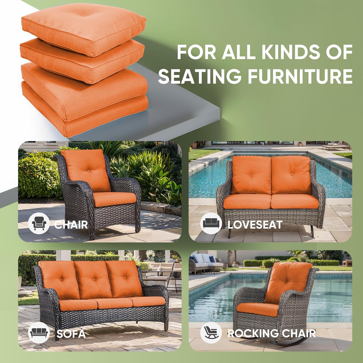 Outdoor Cushion Set of 4, Waterproof Outdoor Seat Cushions 25x22, Patio Chair Cushions for Outdoor Furniture, Couch Cushion Replacement, Include 4 Back & 4 Seat Cushions, Orange