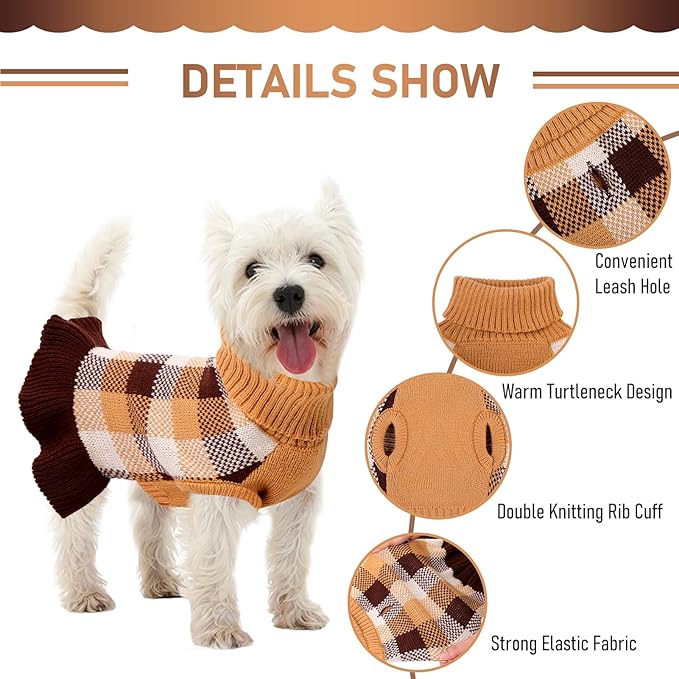 Dog Sweater Dress Plaid Knitwear for Small Medium Dogs Warm Puppy Pet Turtleneck Stretch Pullover Cute Fall Winter Vest Clothes with Leash Hole for Christmas (Coffee, XL)