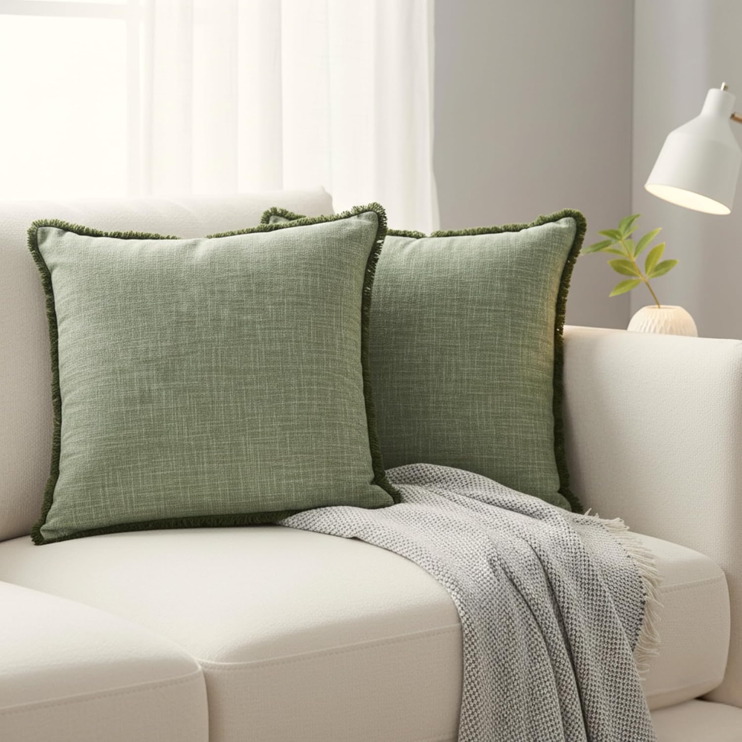 22×22 Textured Cotton Pillow Covers Decorative Fringe Boho Farmhouse Cushion Covers with Tassels Linen Like Accent Pillowcases for Bed Couch Chair Sofa Living Room,Green Set of 2