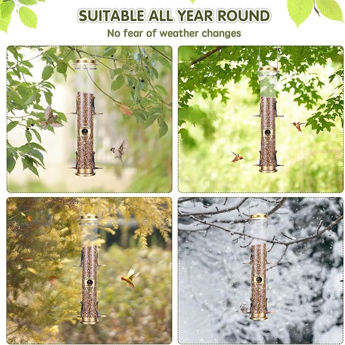 MIXXIDEA Metal Wild Bird Feeder, Squirrel Proof for Outside, Hanging 6 Port Tube Transparent Finch Feeder for Attracting Birds in Lawn, Garden, Balcony - Bronze