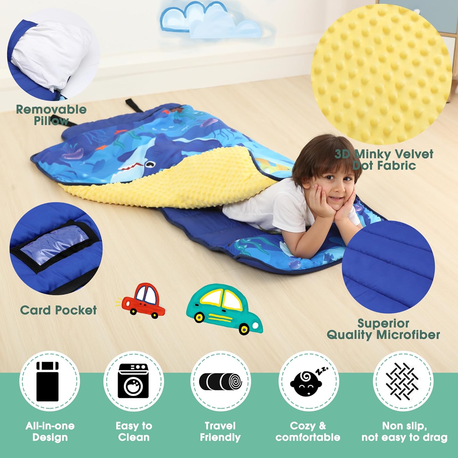 ACRABROS Toddler Nap Mat with Pillow and Blanket, Extra Large Rolled Napping Mats,Slumber Bags for Boys Girls,Kids Sleeping Bag for Daycare, Preschool Travel Camping, Crosswalk Car