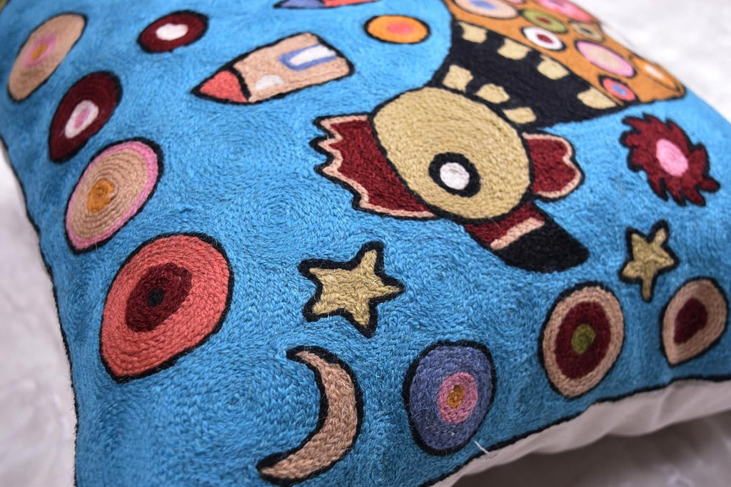 Turquoise Rooster Accent Pillow Cover Bird Cockerel Decorative Pillowcase Karla Gerard Farmhouse Sofa Cushions Hand Embroidered Wool 18x18 Inch