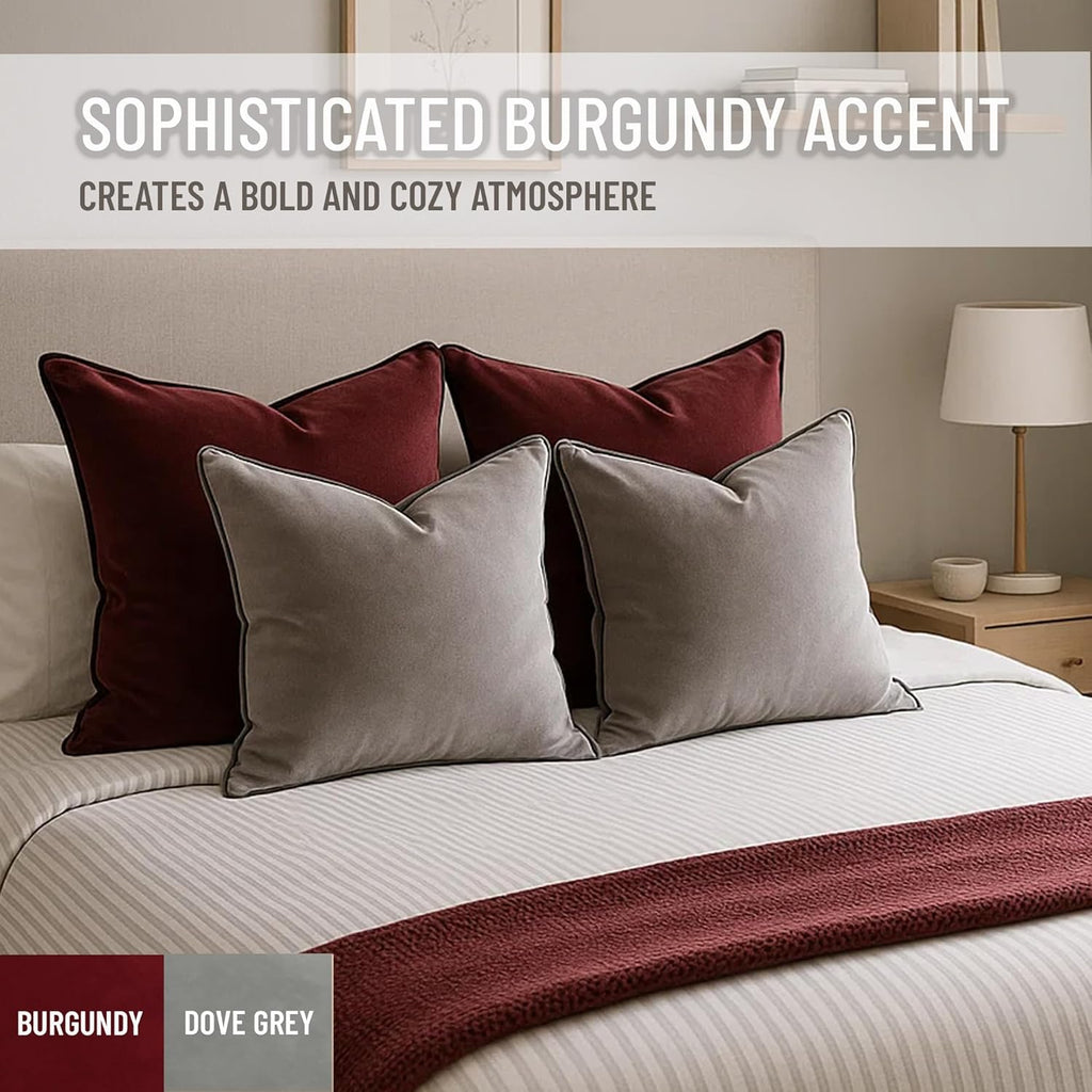 2 Pack Velvet Decorative Throw Pillow Covers, 18"x18", Dove Grey, Solid, Modern, Contrast Piping, Indoor Use, Bedroom & Living Room