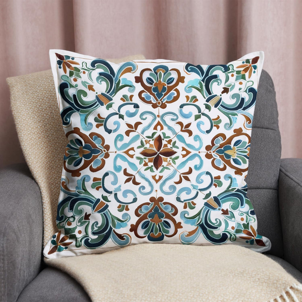 Vintage Boho Floral Print Throw Pillow Cover, Orange, Blue - Retro Rust Floral Decor Pillowcase, Indoor Outdoor Cushion Case for Sofa Couch Bed Living Room Bedroom Home (White&Blue, 18x18inch)