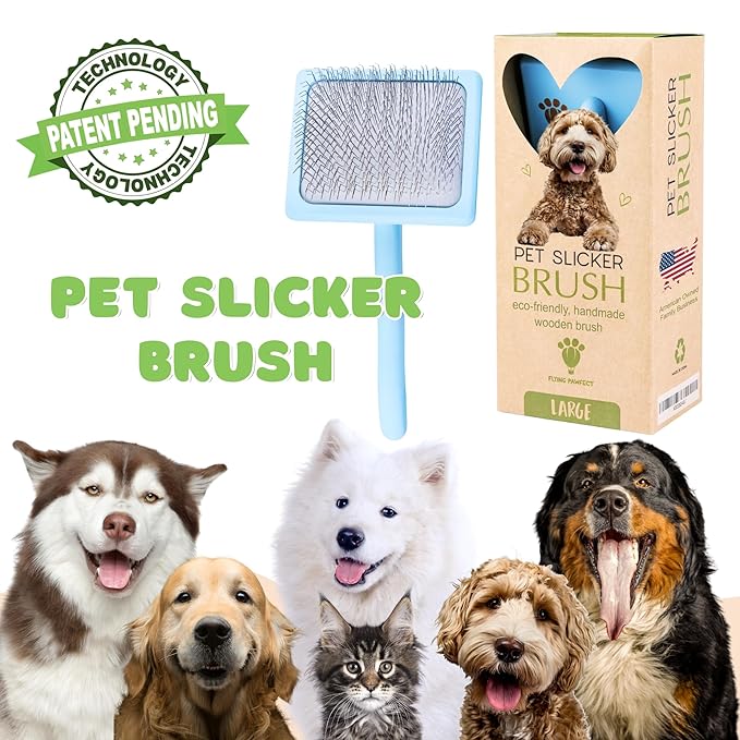 Pet Slicker Brush With Soft Massage Grooming Stainless Steel Pins - For Dematting, Shedding Fur, and Undercoat - Ideal Gift for Professional Pet Groomers - Long Slicker Brush - Flying Pawfect