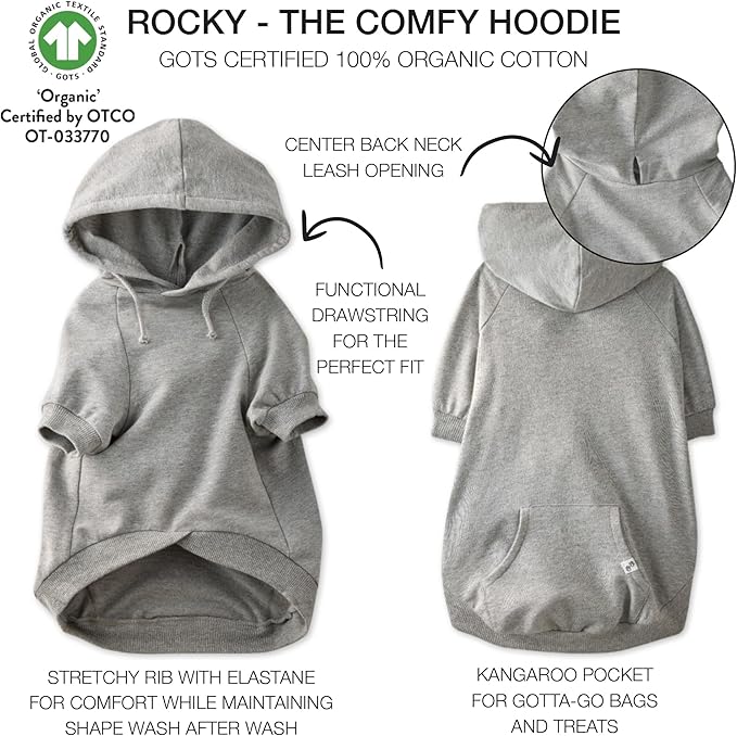 Rocky – The Orginal Lightweight Hooded TEE 100% Organic Cotton Dog Hoodie Pet Coat Sweater for Small, Medium, Large Dogs, Heather Gray, XX-Small (4-7 lbs)