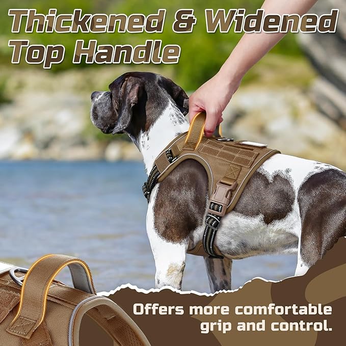 rabbitgoo Tactical Dog Harness for Large Dogs, No Pull Military Service Vest with Handle & Molle, Easy Control for Training Walking, Adjustable Reflective Straps, Brown, XL