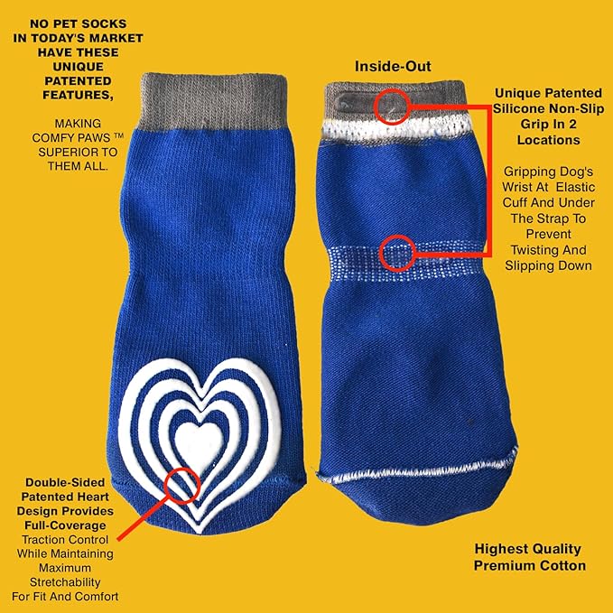 Double Sided Non-Slip Cotton Dog Socks| PawFlex Comfy Pawz Silicone Grip at Inner Cuff for No Twisting or Sliding Off | Adjustable Strap |Pet Paw Protection |Traction Control | Wound Coverage