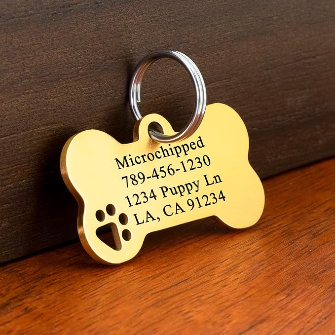 Ultra Joys Dog Tags Personalized for Pets - Hollow Paw Custom Pet ID Tag - Engraved Dog Tag for Small, Large Dogs - Large Bone in Gold
